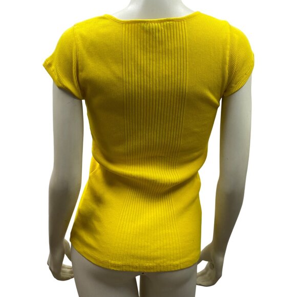 Lauren Ralph Lauren Womens Ribbed Yellow Henley Short Sleeve Top M - Picture 4 of 5